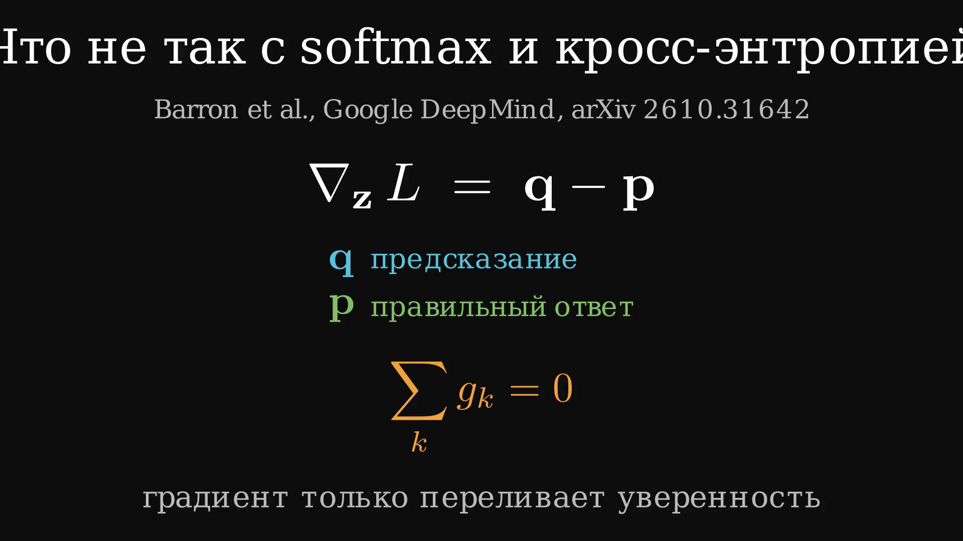 Кадр ролика: формула градиента кросс-энтропии q минус p